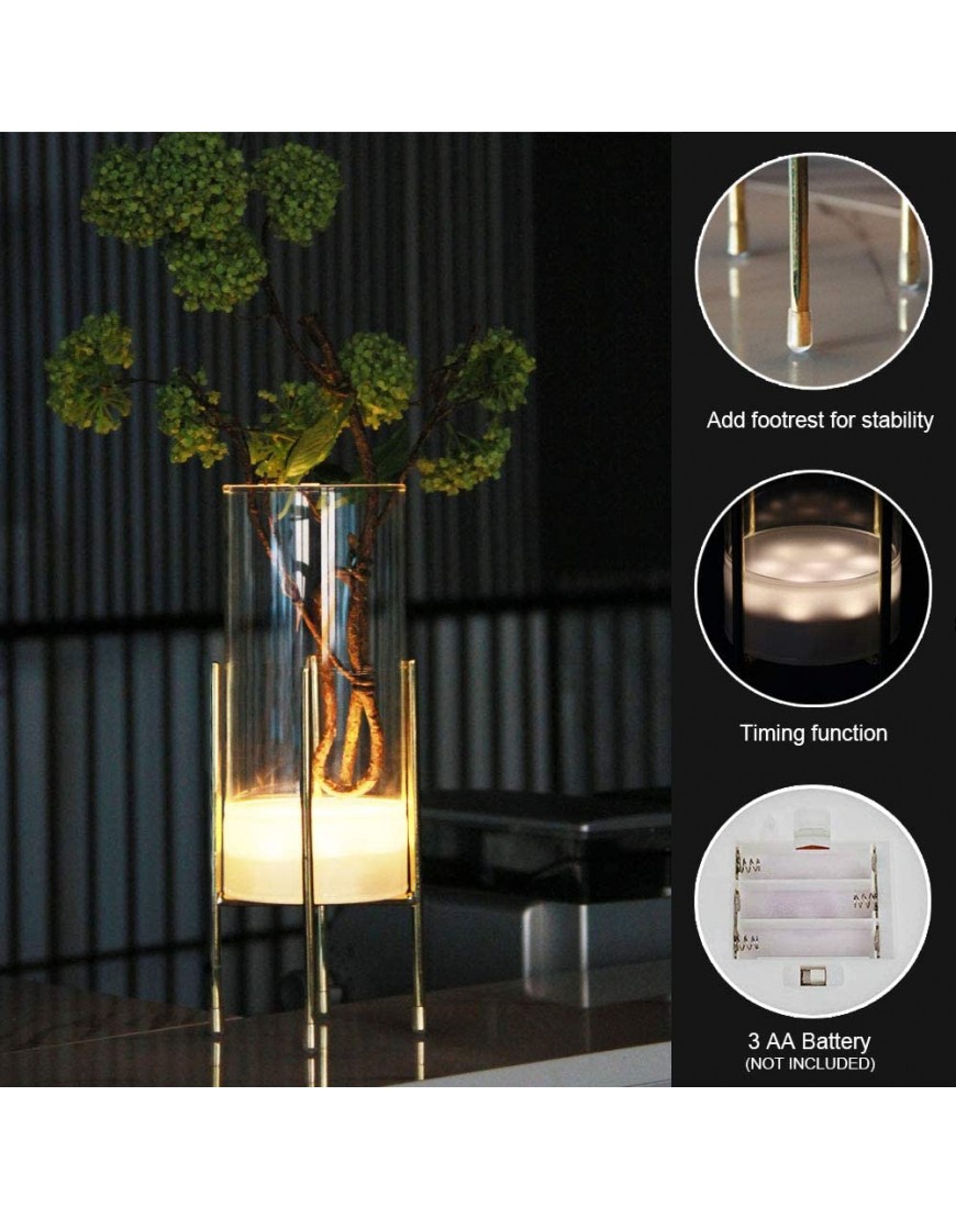 Flower Vase for Decor Glass Table Vase Set Clear Vase with Gold Stand Modern Decorative with Timer LED Lights Battery Operated Centerpiece Wedding Party Set of 2