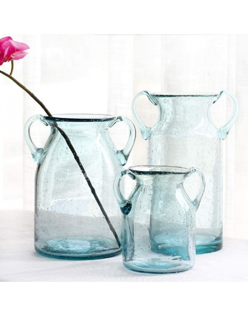 Flower Vase Glass Elegant Double Ear Decorative Handmade Air Bubbles Bluish Color Glass Vase for Centerpiece Home Decor Large