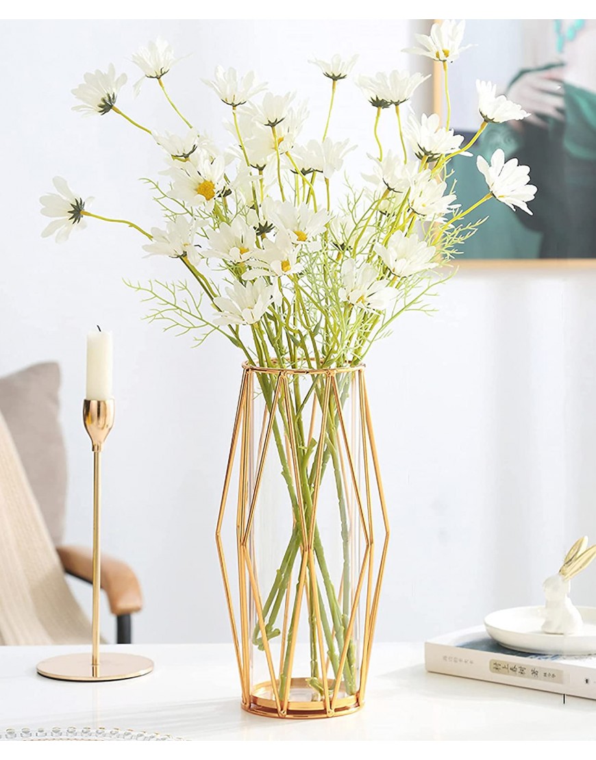 FSyueyun Gold Flower Vase Decorations for Living Room Glass Vase with Metal Holder Modern Large Vases for Flowers as Wedding Home Office Centerpiece 11Inch