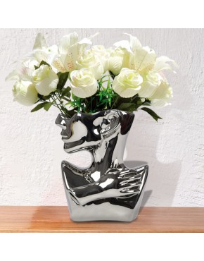 fumisee Ceramic Statue Sculpture Vase Hybrid,Human Face Abstract Statue Modern Creative Flower Vase,Unique Bust Head Shaped for Gift Home Office Decoration Minimalist Decor-Silver