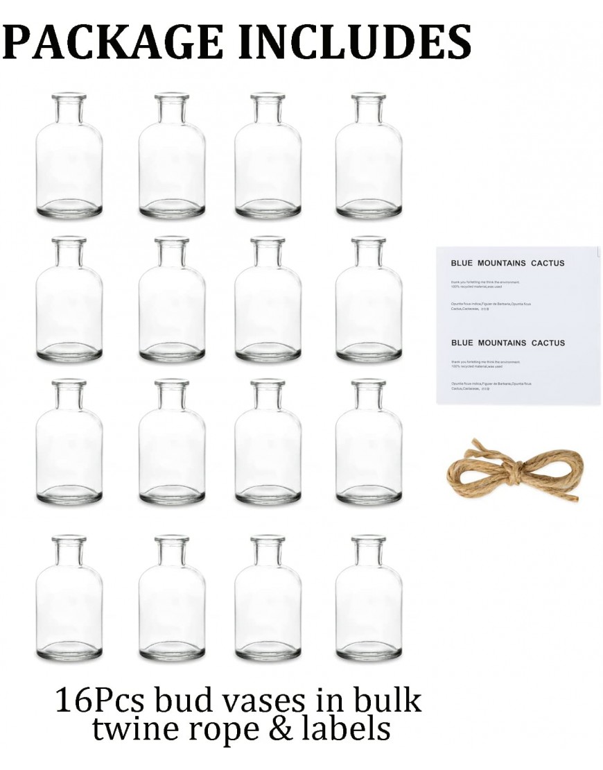 Glass Flowers Bud Vases Clear: 16Pcs 4.2oz with Twine Rope and Labels Boho Vases Apothecary Bottles Vintage Home Decor Vases for Centerpieces for Wedding Decor Centerpieces 2.2'' x 4.05''