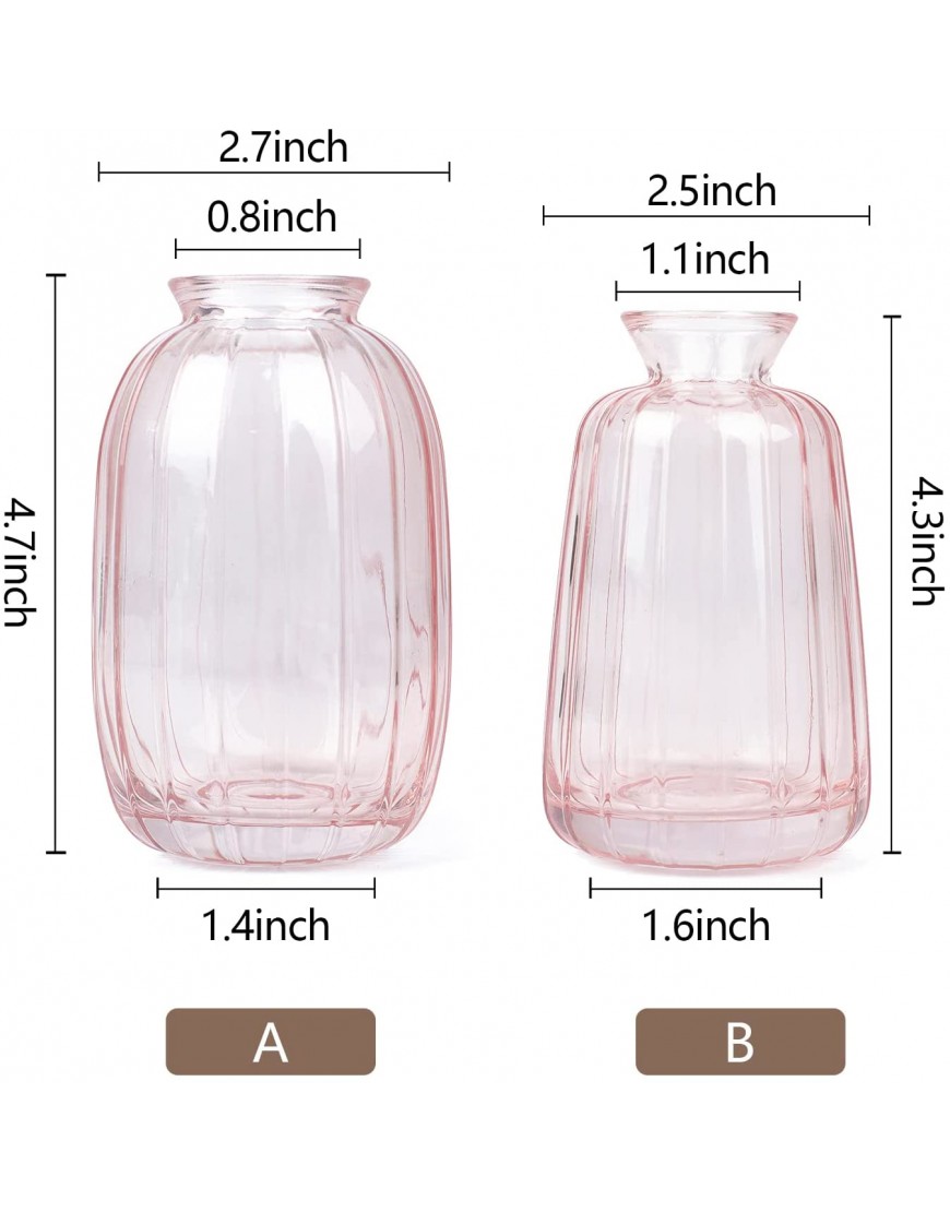 Glass Vase for Decor Pink Vase for Single Flowers Small Bud Flower Vase for Centerpieces Living Room Bedroom Desk ​Tabletop Placement and GiftSet of 2 Pink