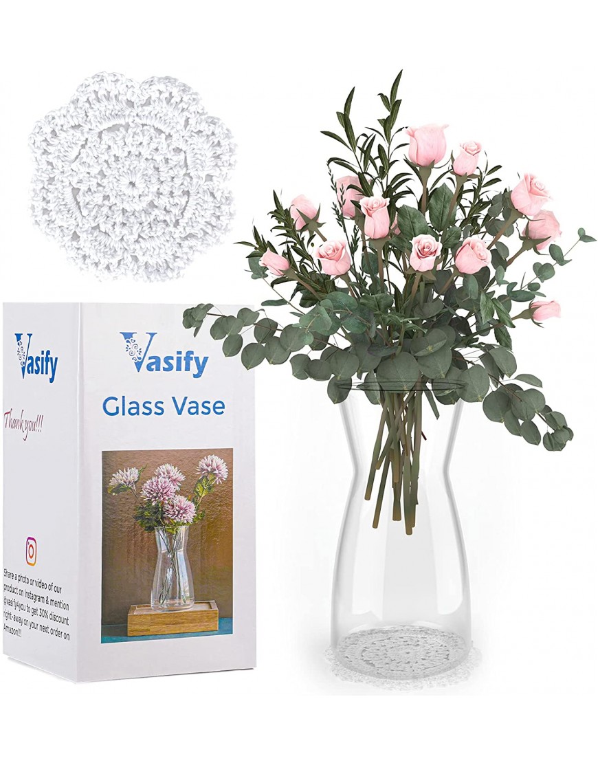 Glass Vase Premium Quality Clear Flower Vase with Non-Slip Pad White Vase for Rustic Home Decor Decorative vase for Modern Farmhouse Ideal Shelf Mantle Table & Entryway Décor