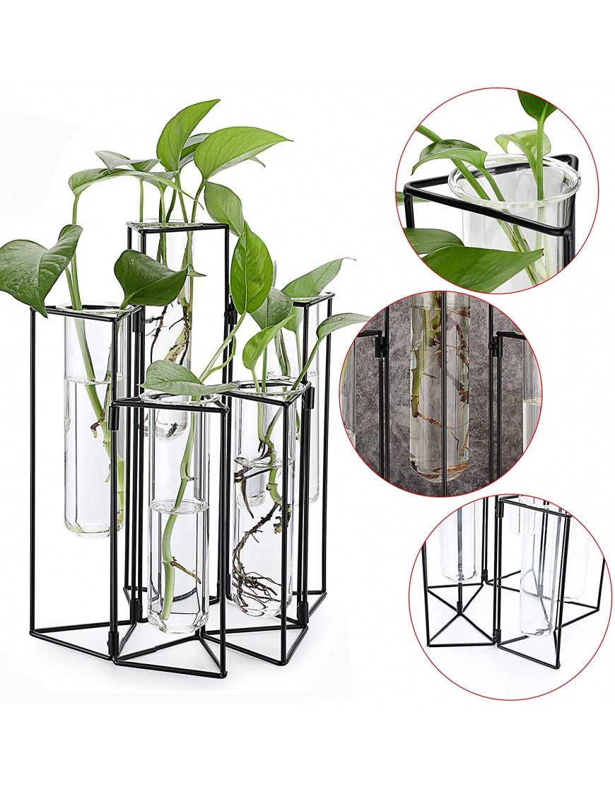 JuxYes 5 PCS Nordic Style Test Tube Vase with Metal Stand Hydroponics Clear Planter Metal Glass Vase Hinged Art Vase Plant Holder Flower Vase for Modern Home Office Decor