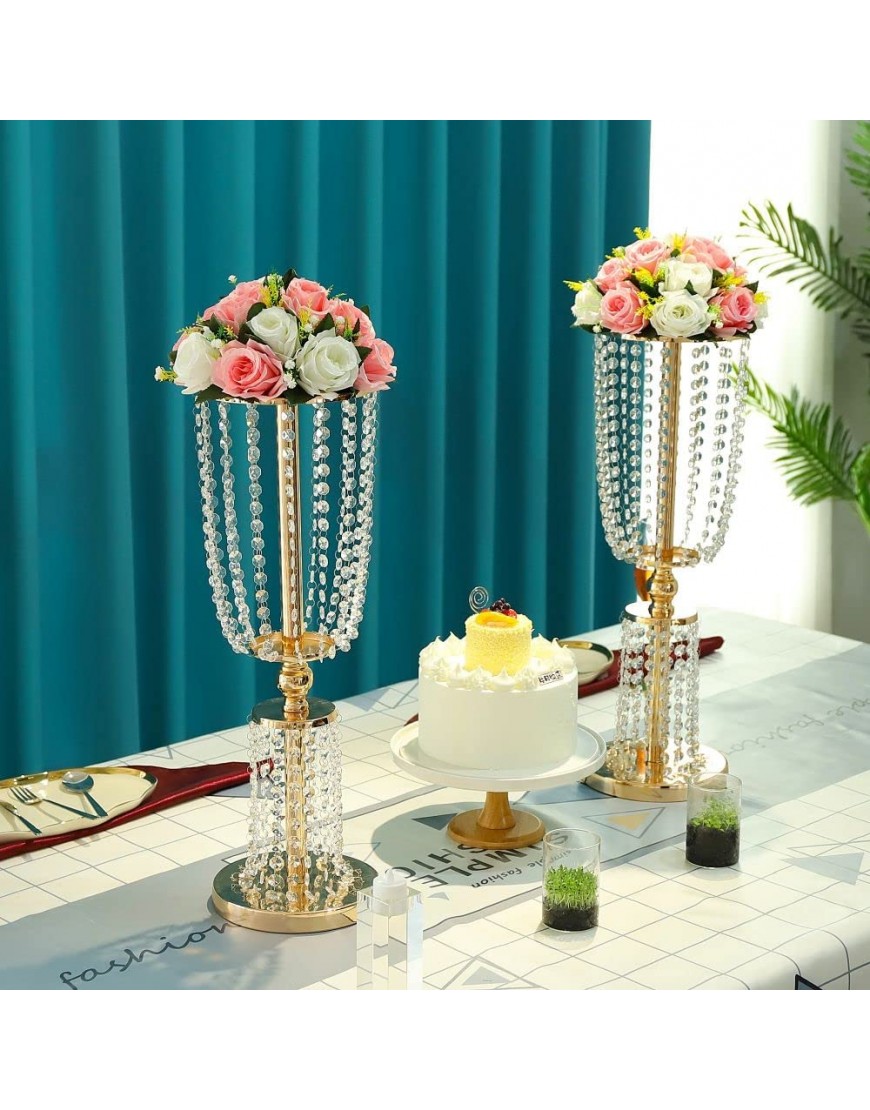 LoveCat 2 Pcs of Gold Wedding Centerpieces Flower Vases Tall Metal Centerpiece Vases Wedding Road-Leading Flower Stands 24.4inchs 62cm Home Décor Vases with 2-Tier Acrylic Crystal Strings