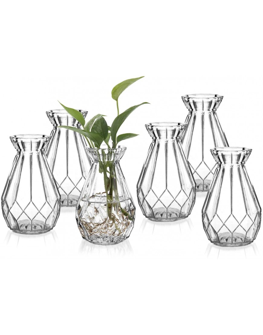 MyGift Decorative Clear Glass Vase Diamond-Faceted Flower Bud Vases Set of 6