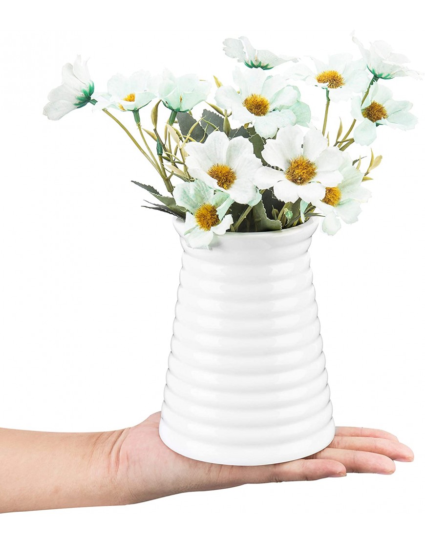 MyGift Small White Ceramic Vase with Tapered Ribbed Design Tabletop Bouquet Vases Set of 3