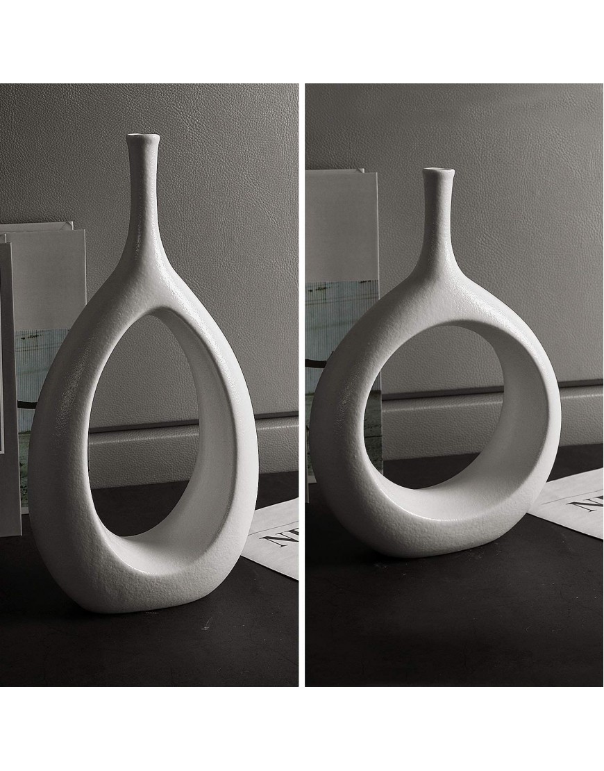 SANFERGE Set of 2 White Ceramic Flower Vase Hollow Oval Vase for Home Décor Office Decoration Modern Geometric Vases Figurines Ornament for Living Room Bedroom Dining Table