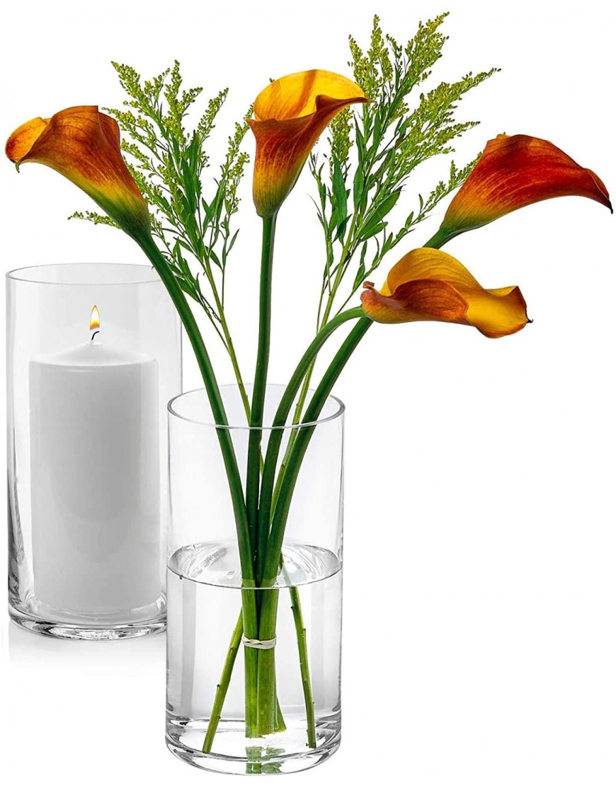 Set of 2 Glass Cylinder Vases 8 Inch Tall X 5 Inch Round Multi-use: Pillar Candle Floating Candles Holders or Flower Vase – Perfect as a Wedding Centerpieces.