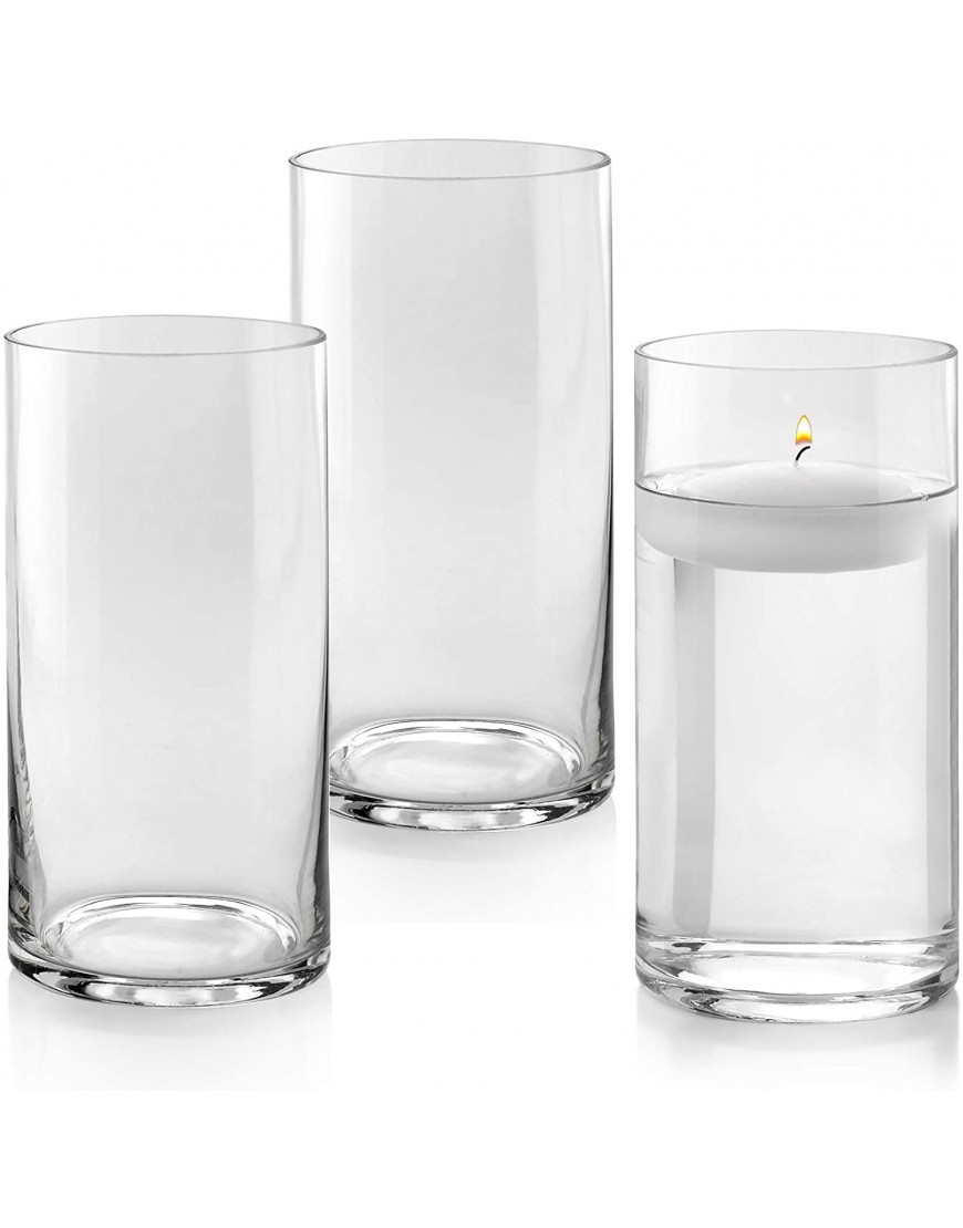 Set of 3 Glass Cylinder Vases 8 Inch Tall Multi-use: Pillar Candle Floating Candles Holders or Flower Vase – Perfect as a Wedding Centerpieces. Clear