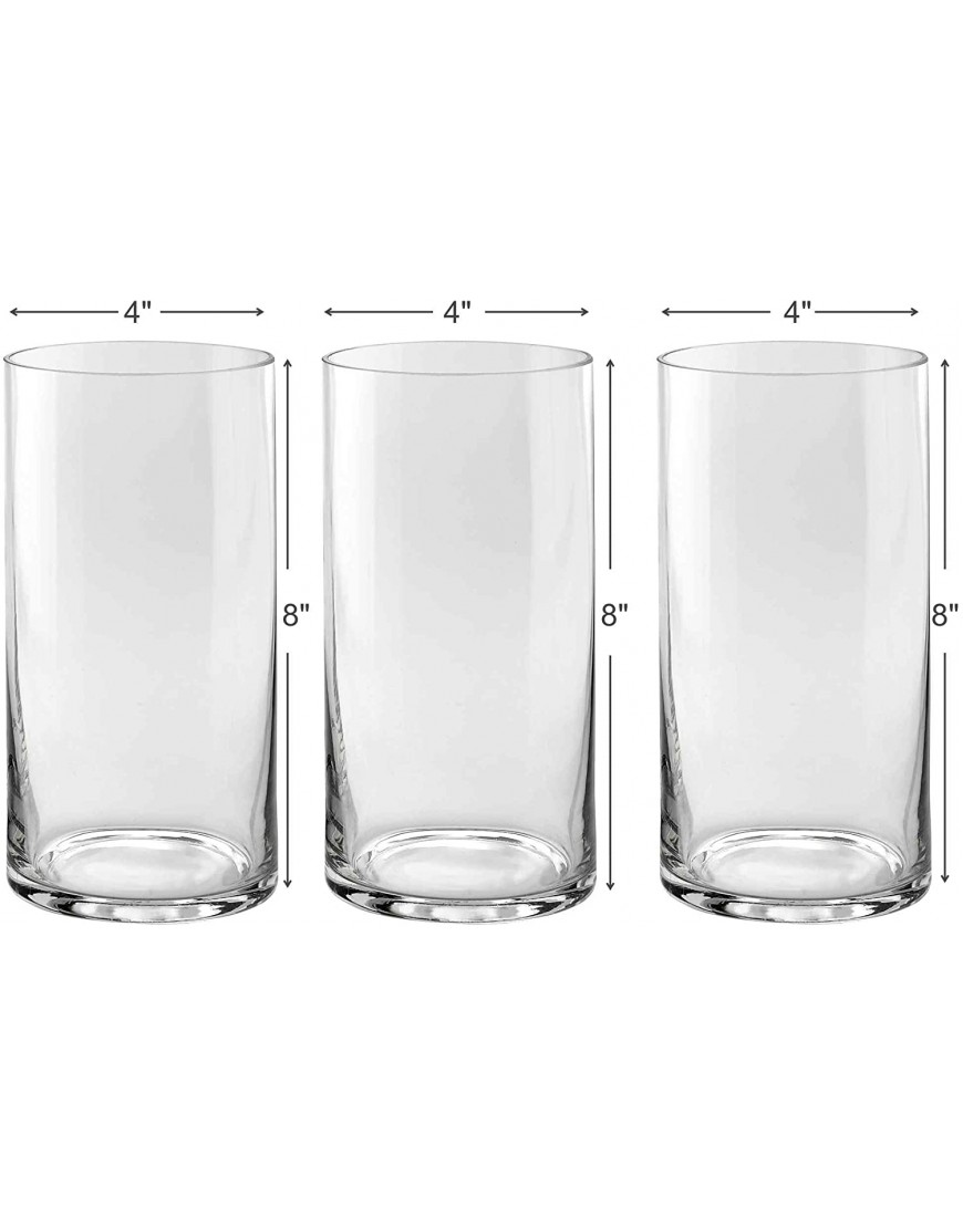 Set of 3 Glass Cylinder Vases 8 Inch Tall Multi-use: Pillar Candle Floating Candles Holders or Flower Vase – Perfect as a Wedding Centerpieces. Clear