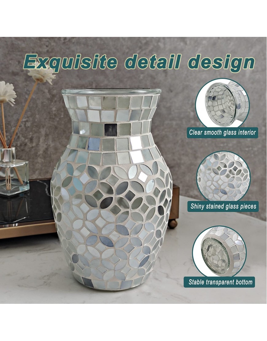 SHMILMH Silver Vase for Flowers Handmade Pearlescent Mosaic Glass Vases Small Rustic Boho Vase for Living Room Table Centerpiece 8 Inch