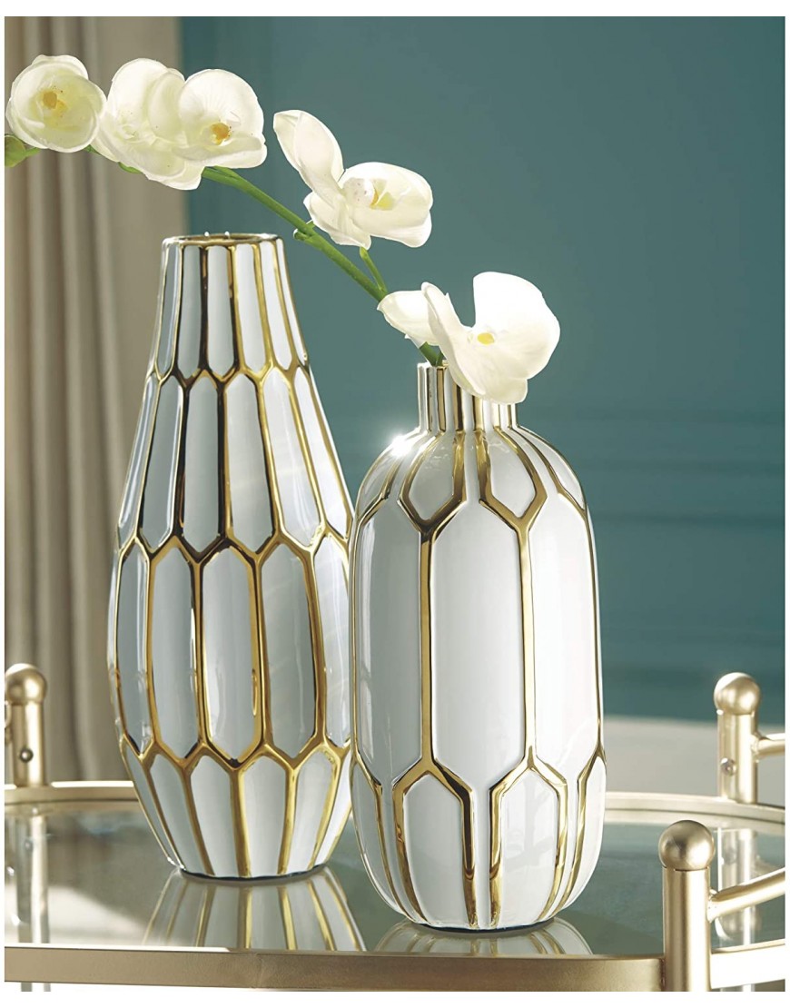 Signature Design by Ashley Mohsen Honeycomb Ceramic 2 Piece Bottle Neck Vase Set White & Gold