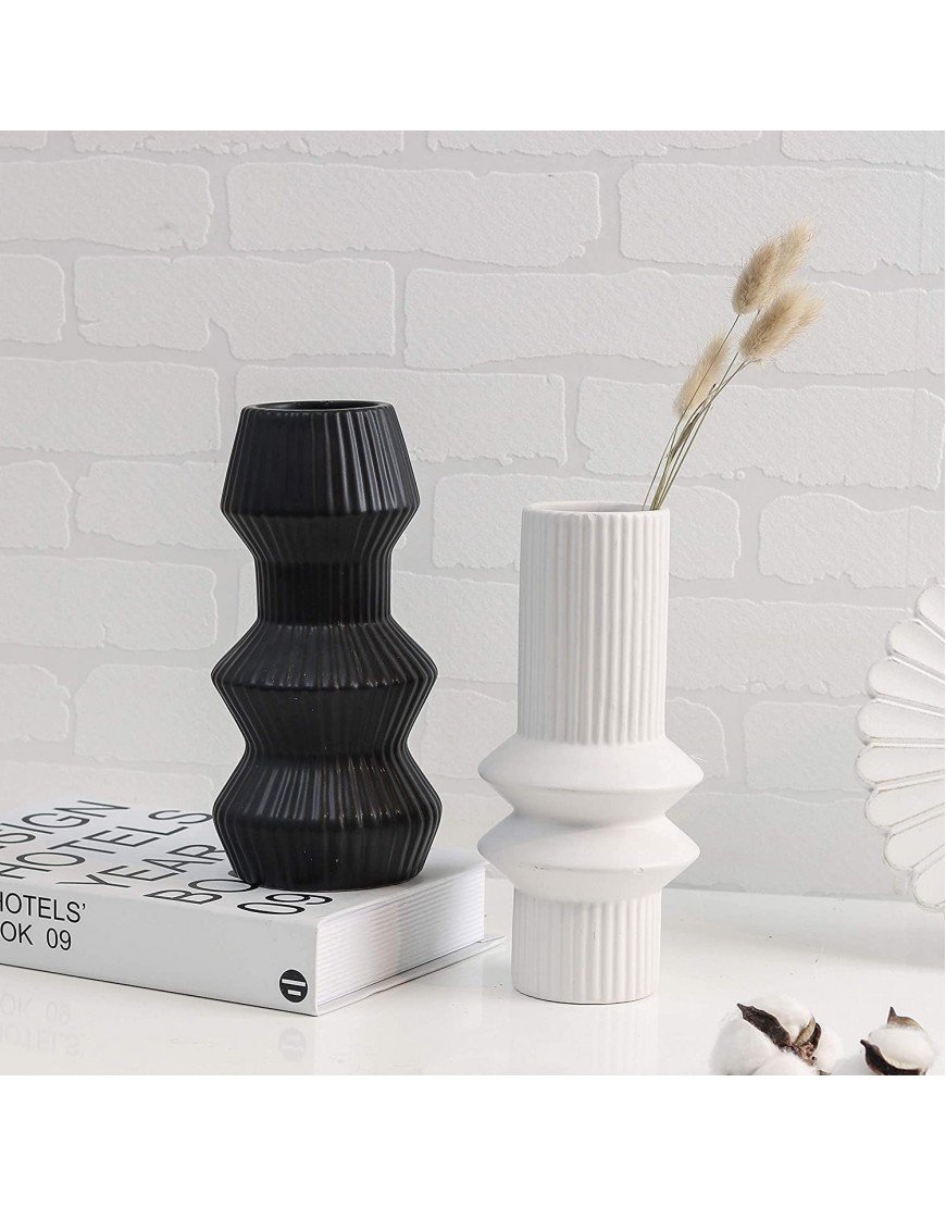 TERESA'S COLLECTIONS Ceramic Modern Vase for Home Decor Black and White Cylinder Geometric Decorative Vases for Living Room Mantel Table Shelf Office Decoration 8 inch Set of 2