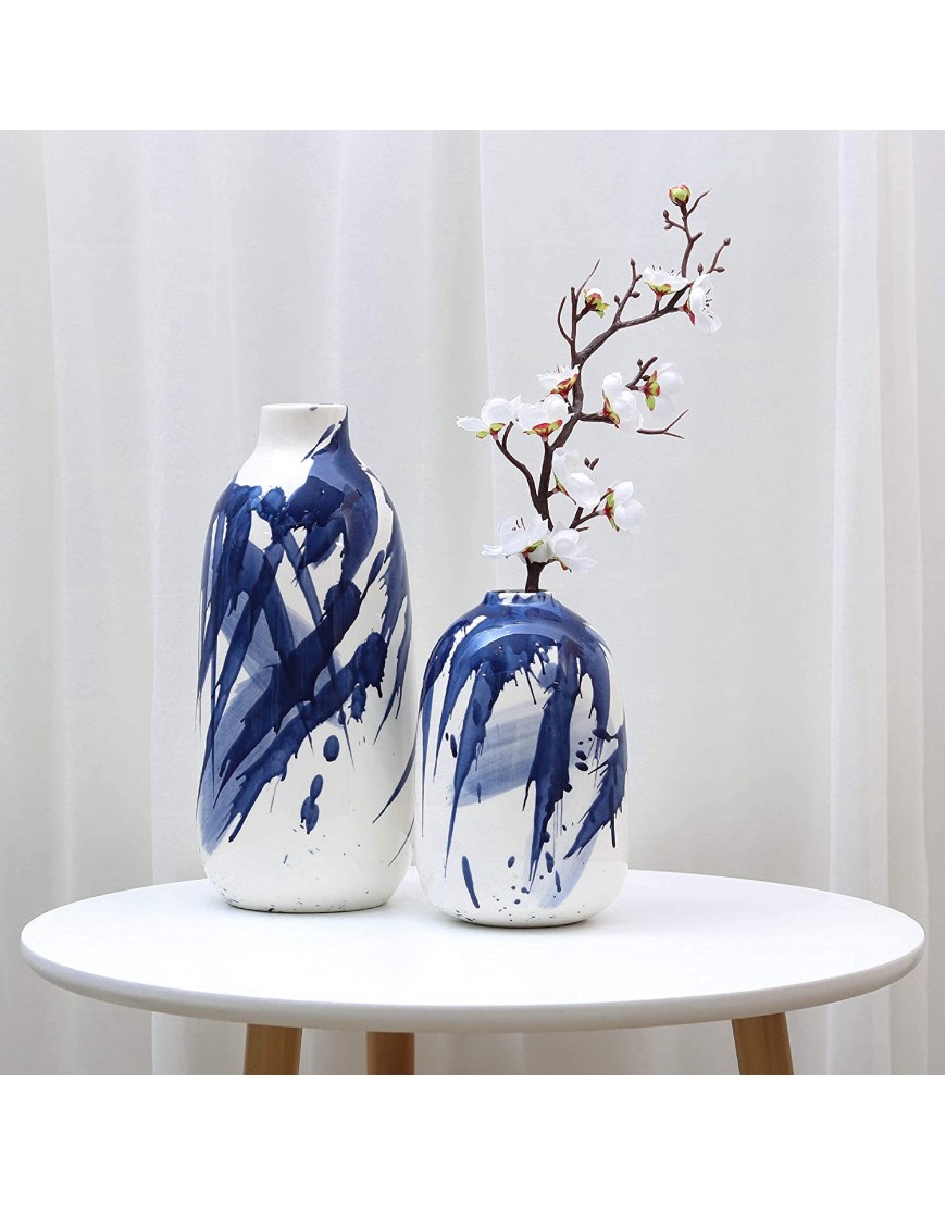 TERESA'S COLLECTIONS Oriental Blue and White Ceramic Vase Set of 2 Decorative Glazed Vases for Home Decor Elegant Vase for Mantel Table Living Room Decoration 7.2″ & 11.4″ Tall