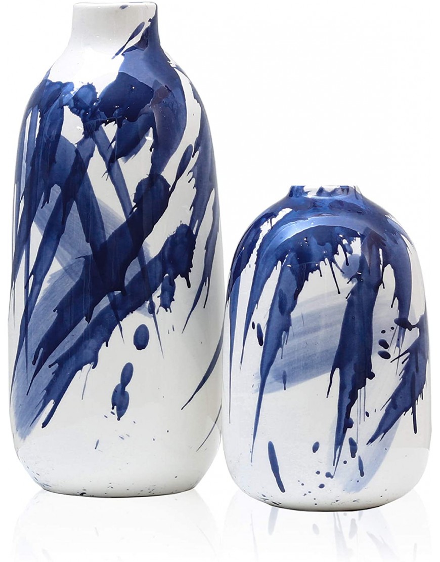 TERESA'S COLLECTIONS Oriental Blue and White Ceramic Vase Set of 2 Decorative Glazed Vases for Home Decor Elegant Vase for Mantel Table Living Room Decoration 7.2″ & 11.4″ Tall