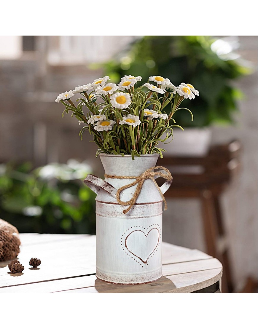 Timoo Rustic Milk Jug Vase Metal Milk Can Decor White Farmhouse Vase with Heart-Shaped for Wedding Home Living Room Bathroom Dining Table Desk Office Garden Decoration