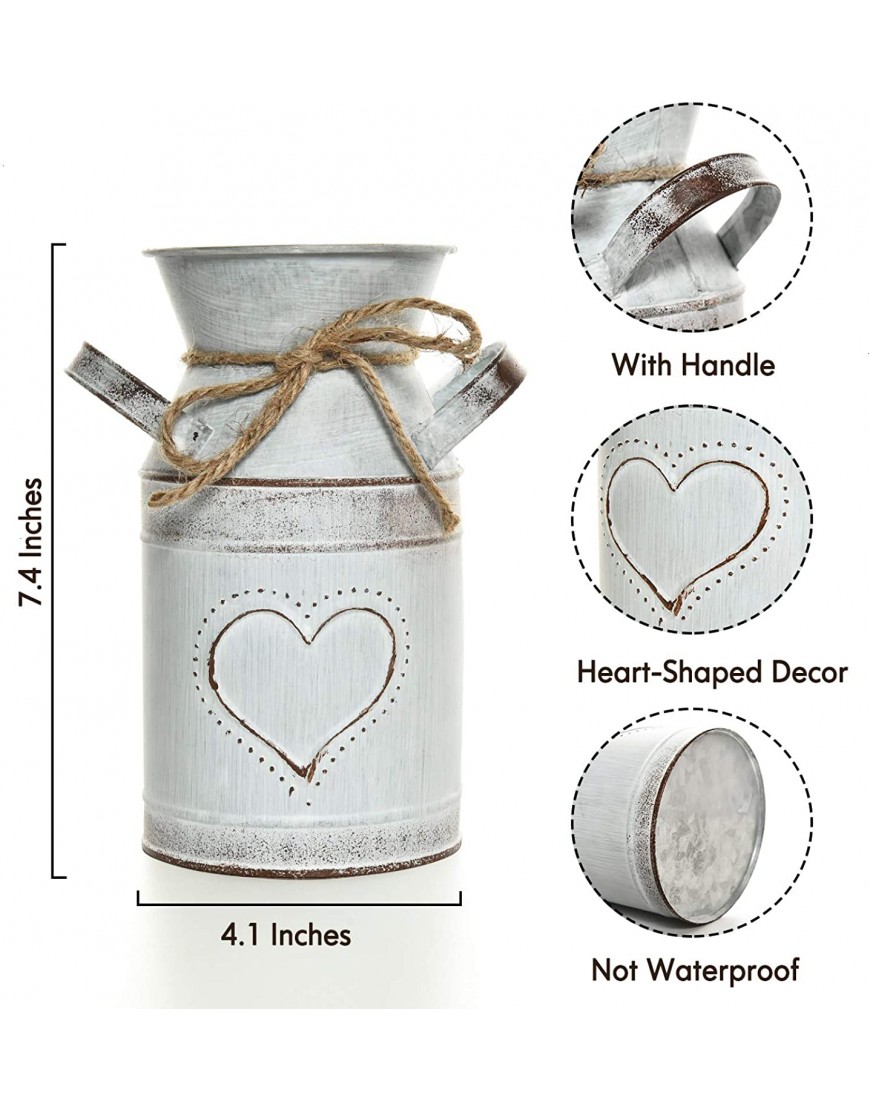Timoo Rustic Milk Jug Vase Metal Milk Can Decor White Farmhouse Vase with Heart-Shaped for Wedding Home Living Room Bathroom Dining Table Desk Office Garden Decoration