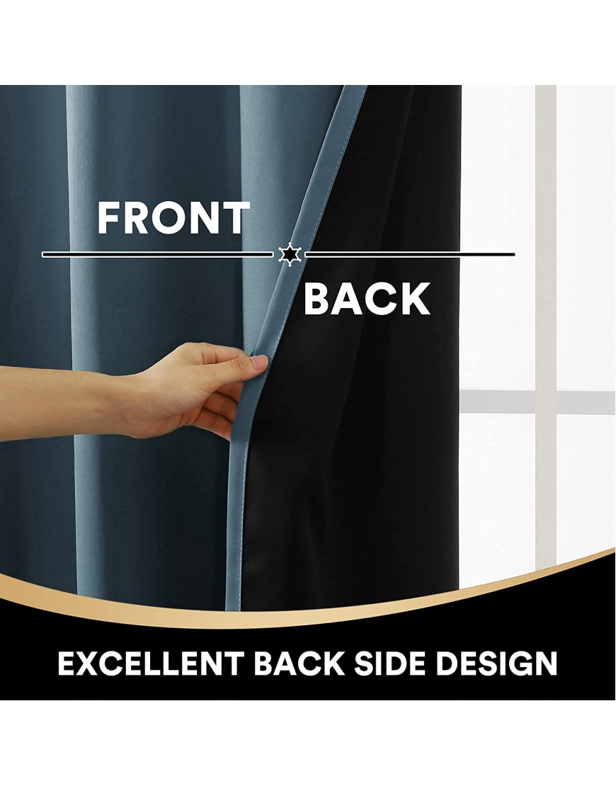 100% Blackout Curtains for Bedroom 63 Length Thermal Insulated Full Light Blocking Curtain Drapes with Black Liner Noise Reducing Draping Durable Grommet Curtains 2 Panels 52x63 inch Stone Blue