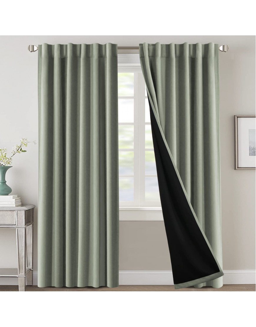 100% Blackout Curtains for Bedroom with Black Liner Full Room Darkening Curtains 96 Inches Long Thermal Insulated Back Tab Rod Pocket Window Treatment Drapes for Living Room Sage 2 Panels