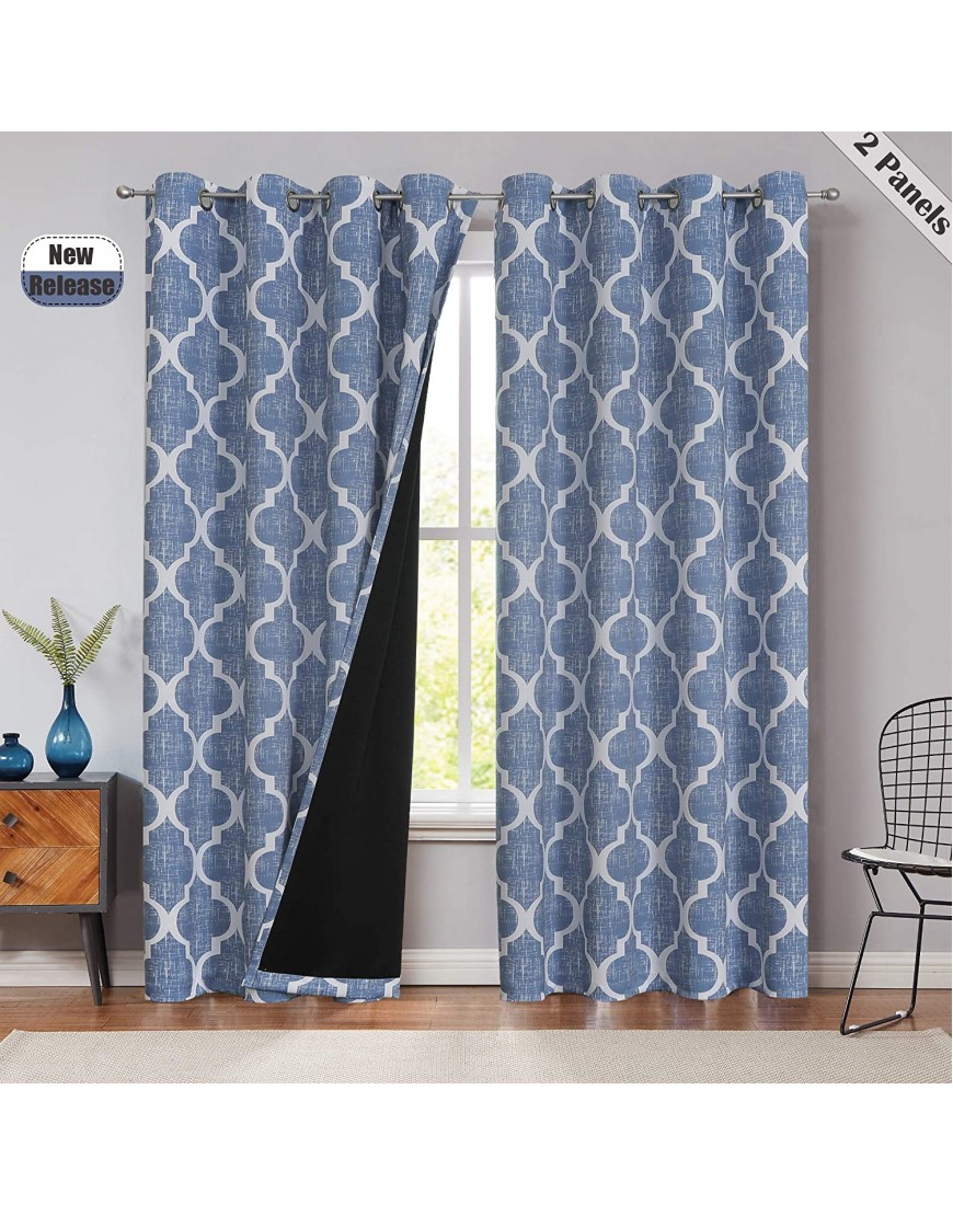 Beauoop Grommet Print Bedroom Curtains 84 Inches Long 95% Blackout Window Curtain Panels Moroccan Geo Thermal Insulated Drapes Quatrefoil Rings Top Window Treatment Set 52 by 84 Inch Blue 2 Panels