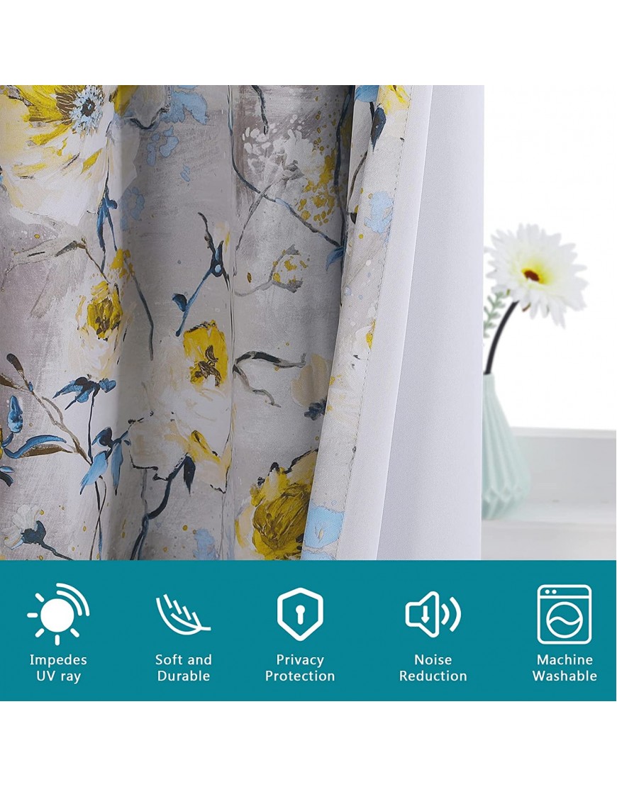 Blackout Curtains for Living Room Vintage Floral Printed Curtain Drapes 84 Inches Room Darkening Thermal Insulated Curtain Panels with Grommet 2 Panels 52 x 84 Inch Grey and Yellow Classical Floral