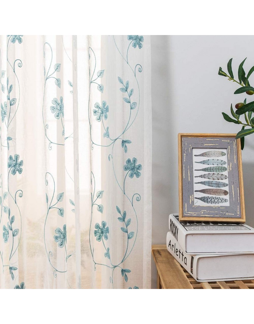Blue Sheer Curtains 84 Inches Long Floral Embroidered Rod Pocket Sheer Drapes for Living Room Bedroom 2 Panels 52x84 Semi Crinkle Voile Window Treatments for Yard Patio Villa Parlor .
