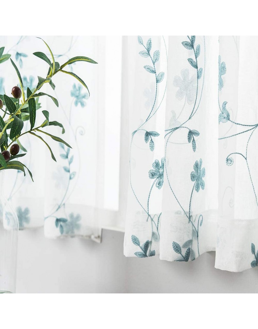 Blue Sheer Curtains 84 Inches Long Floral Embroidered Rod Pocket Sheer Drapes for Living Room Bedroom 2 Panels 52x84 Semi Crinkle Voile Window Treatments for Yard Patio Villa Parlor .