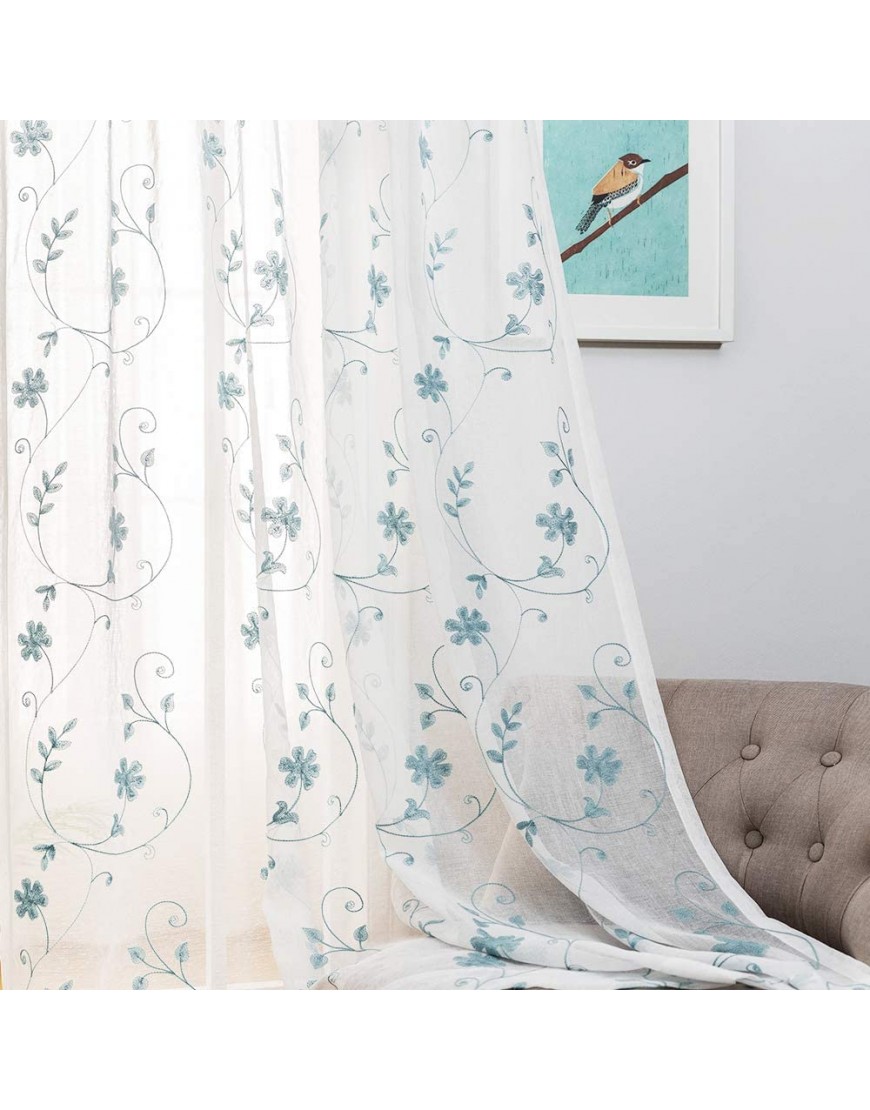 Blue Sheer Curtains 84 Inches Long Floral Embroidered Rod Pocket Sheer Drapes for Living Room Bedroom 2 Panels 52"x84" Semi Crinkle Voile Window Treatments for Yard Patio Villa Parlor .