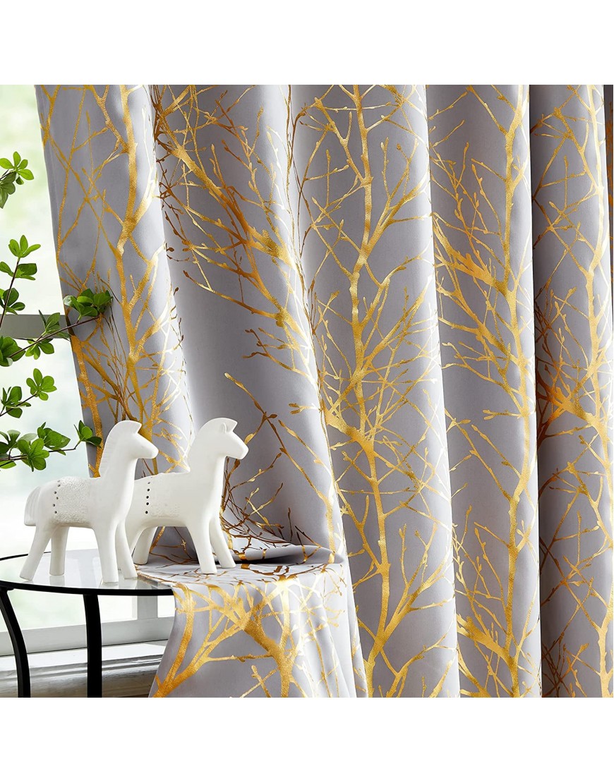 Branch Grey Blackout Curtain Panels for Bedroom 84 Foil Gold Tree Branch Window Curtains Metallic Print Energy Efficient Thermal Curtain Drapes for Guest Living Room Grommet Top 2 Panels