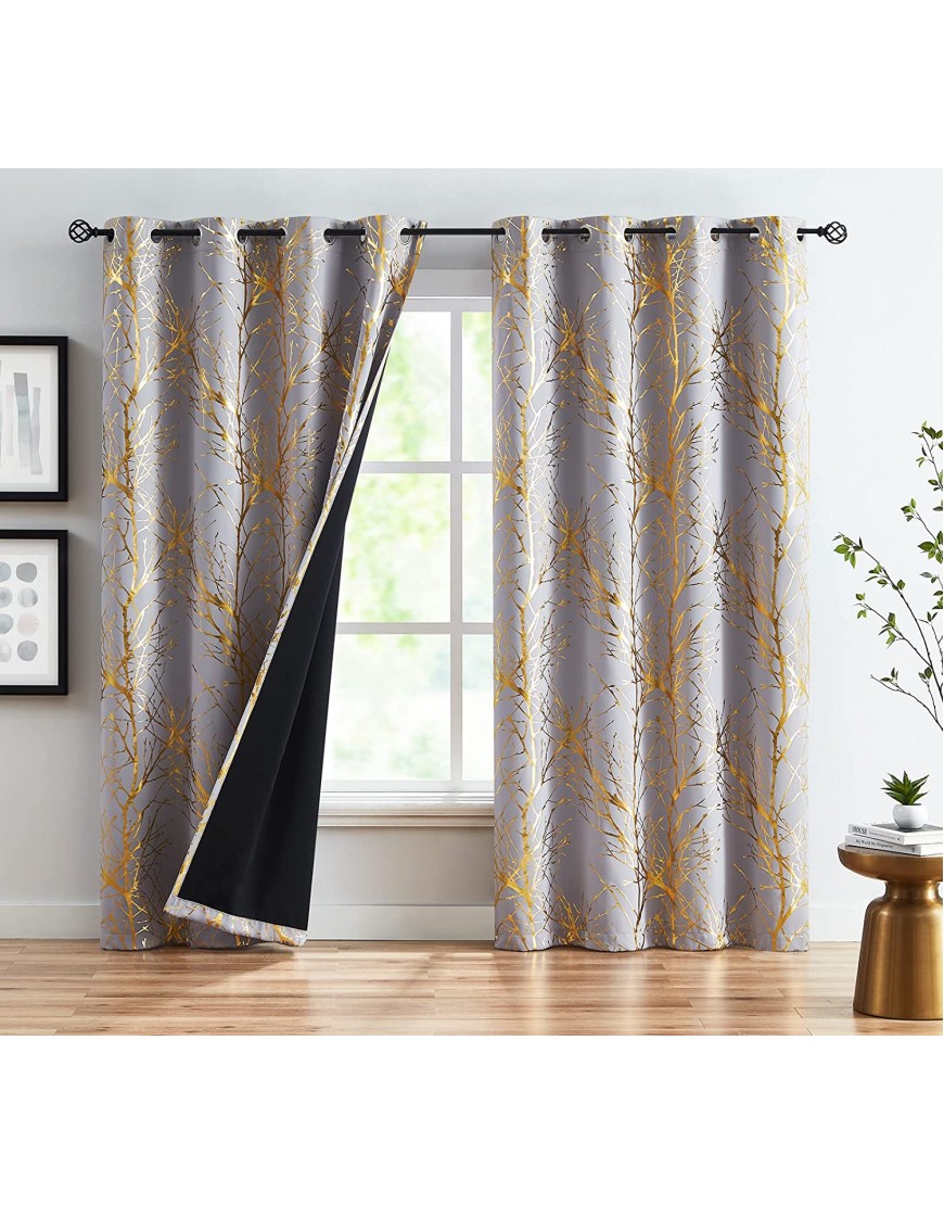 Branch Grey Blackout Curtain Panels for Bedroom 84" Foil Gold Tree Branch Window Curtains Metallic Print Energy Efficient Thermal Curtain Drapes for Guest Living Room Grommet Top 2 Panels