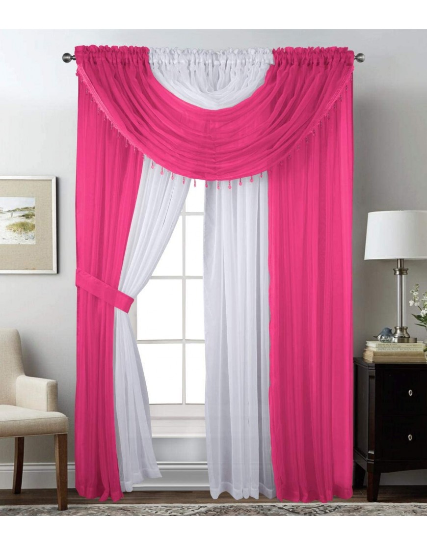Complete Window Sheer Voile Floral Curtain Panel Set w 4 Attached Panels 55x84 Each and 2 attached Valances w Beads and 2 Tiebacks Easy Installation Multicolor Purple Blossom Purple
