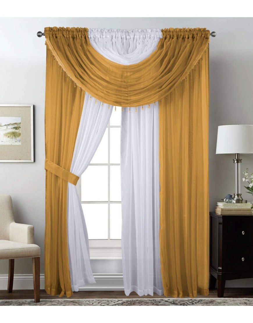 Complete Window Sheer Voile Floral Curtain Panel Set w 4 Attached Panels 55x84" Each and 2 attached Valances w Beads and 2 Tiebacks Easy Installation Multicolor Purple Blossom Purple