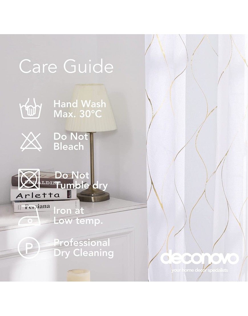 Deconovo Gold Foil Printed Wave Pattern Semi Sheer Curtains Grommet Top Linen Look Voile Drapery Decorative Drapes for Christmas New Year 52x95 in White Set of 2
