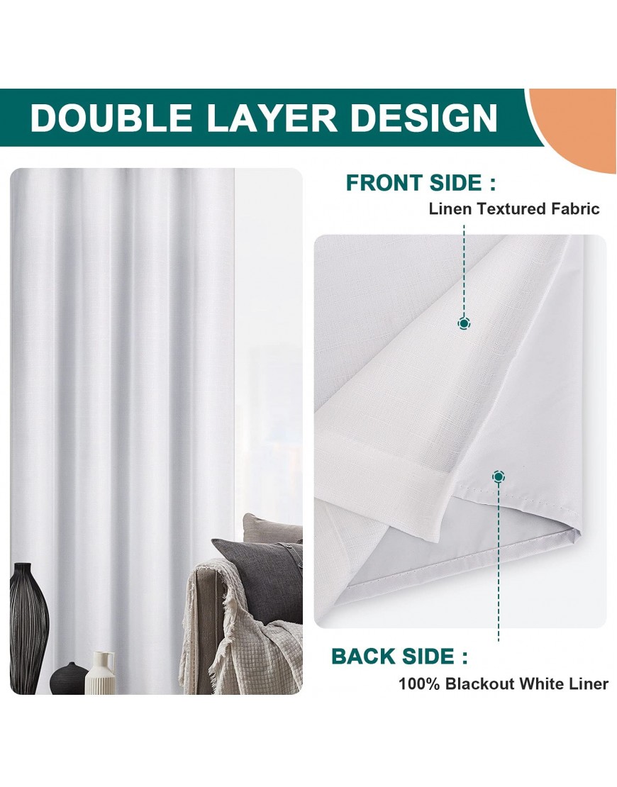 Diraysid 100% Blackout Curtains White Linen Curtains for Bedroom Grommet Thermal Insulated Room Darkening Drapes 2 Panels W52 x L84 Inch