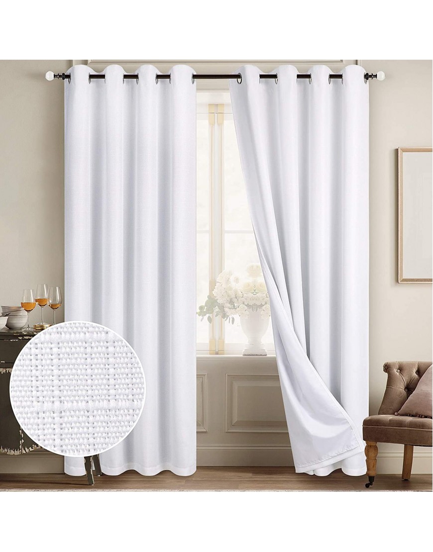 Diraysid 100% Blackout Curtains White Linen Curtains for Bedroom Grommet Thermal Insulated Room Darkening Drapes 2 Panels W52 x L84 Inch