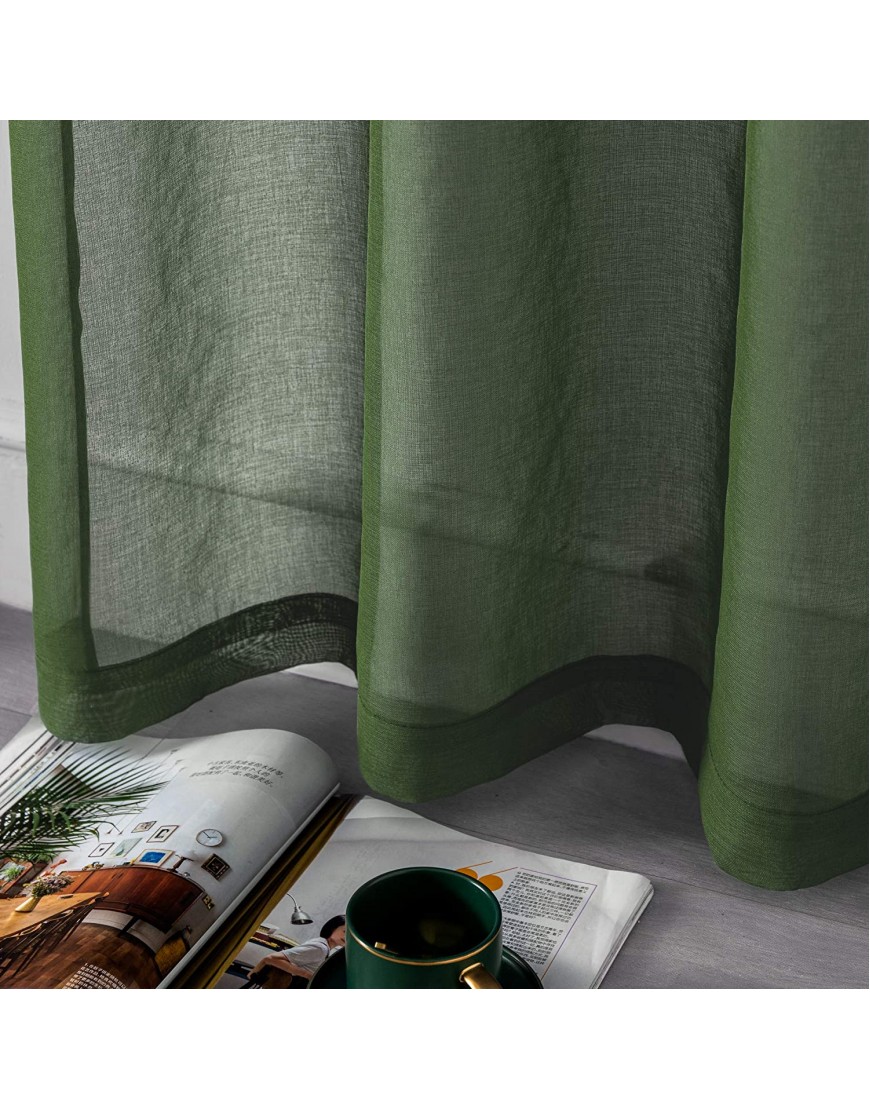 DUALIFE Hunter Green Short Sheer Curtains 45 Inch Length,Faux Linen Semi Sheer Curtain Drapes for Living Room Bedroom Nursery Bathroom Privacy Voile Window Treatment Panels,52 x 45 Inches,Set of 2