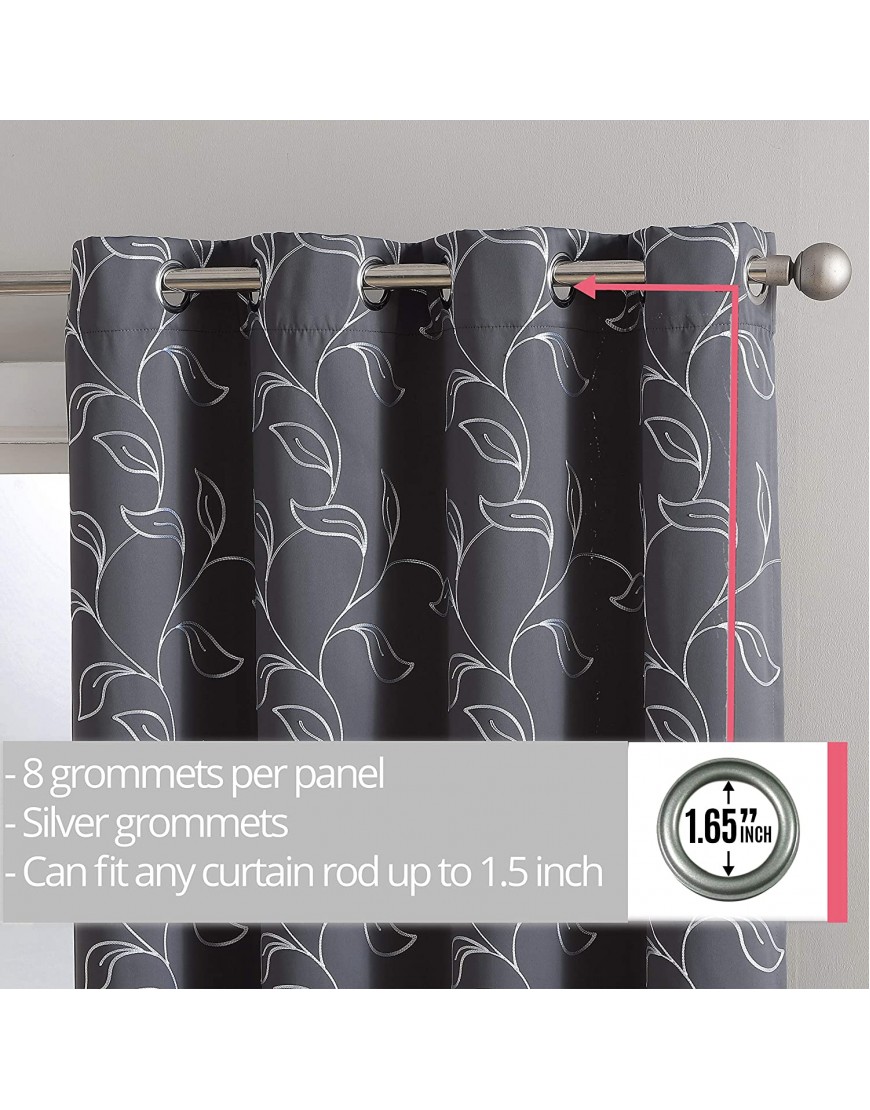 HLC.ME Carol Floral Decorative Embroidered Pattern Thermal Insulated Blackout Room Darkening Energy Savings Soundproof Window Curtain Grommet Panels Bedroom Set of 2 52 W x 72 L Long Grey