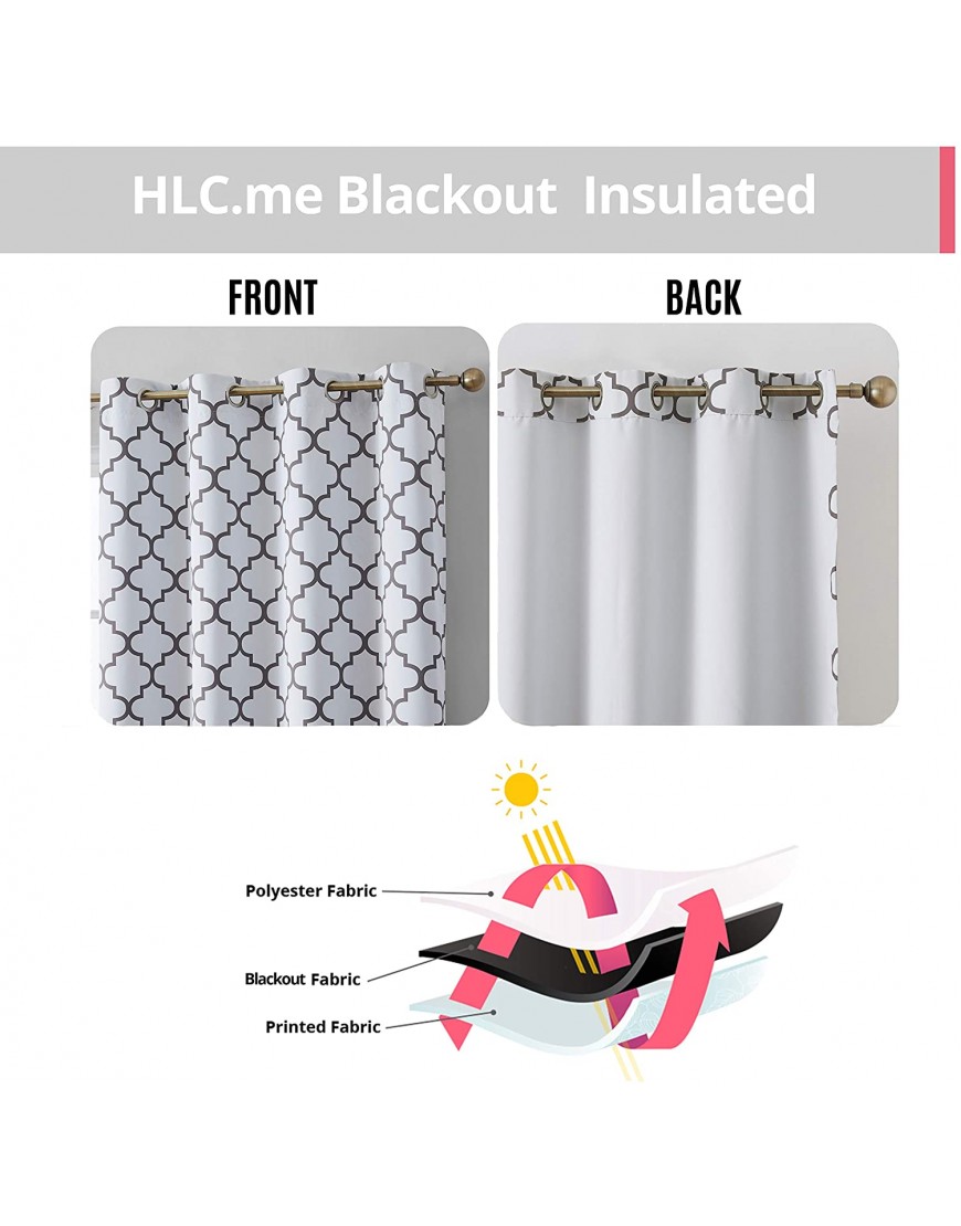 HLC.ME Lattice Print Moroccan Thermal Blackout Curtains 84 Inch Privacy Shaded & Darkening Grommet Window Curtains Draperies for Bedroom and Living Room Platinum White & Grey 52 W x 84 L 2 Panels