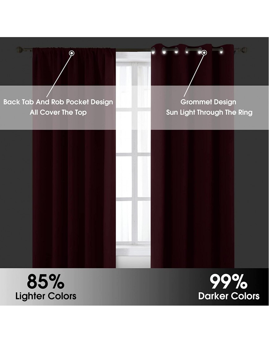 HOMEIDEAS Burgundy Red Blackout Curtains 52 X 84 Inch Back Tab Room Darkening Bedroom Curtains Drapes 2 Panels Thermal Pocket Blocking Window Curtains for Living Room