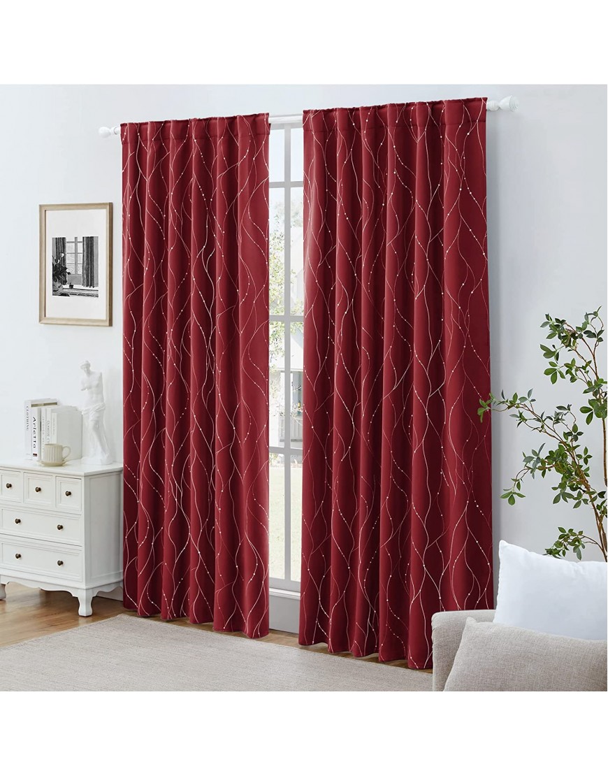HOMEIDEAS Burgundy Red Blackout Curtains 52 X 96 Inch Length 2 Panels Silver Wave Line with Dots Printed Back Tab Room Darkening Curtains Pocket Thermal Light Blocking Window Curtains for Bedroom