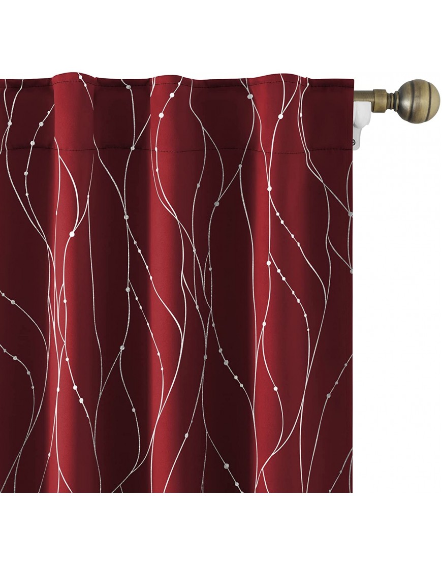 HOMEIDEAS Burgundy Red Blackout Curtains 52 X 96 Inch Length 2 Panels Silver Wave Line with Dots Printed Back Tab Room Darkening Curtains Pocket Thermal Light Blocking Window Curtains for Bedroom