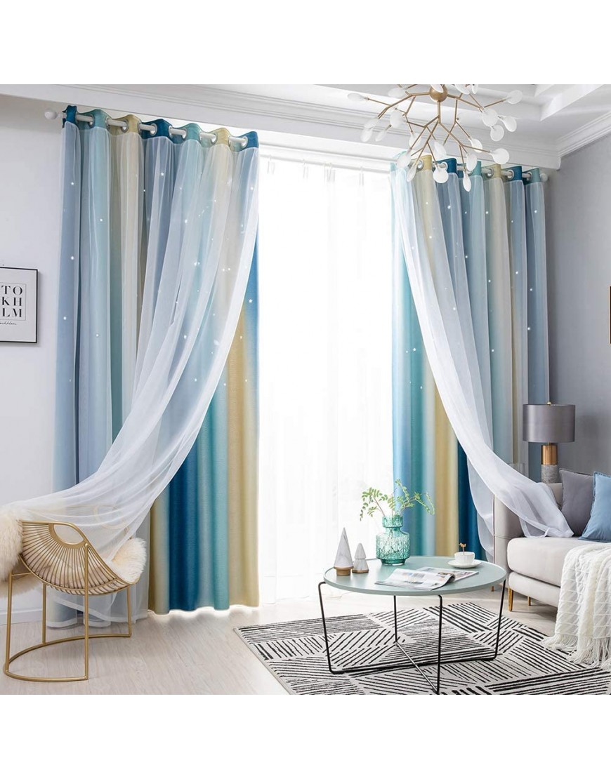 Kids Star Blackout Curtains Gradient Blue Window Drape Star Cutout Curtains for Girls Boys Bedroom Living Room Tulle Overlay Curtain Double Layer Cut Out Curtains,2 Panels,52x84 Inch