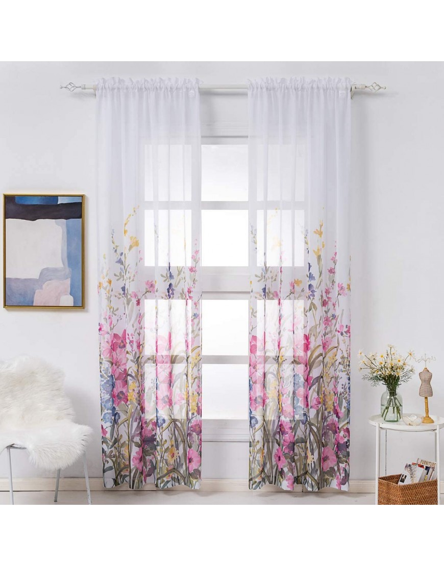 Kotile Floral Sheer Curtains Rod Pocket Voile Sheer Drapes for Bedroom Floral Blossom Print Window Curtain Panels Red Pink 52 x 84 Inch Set of 2 Panels