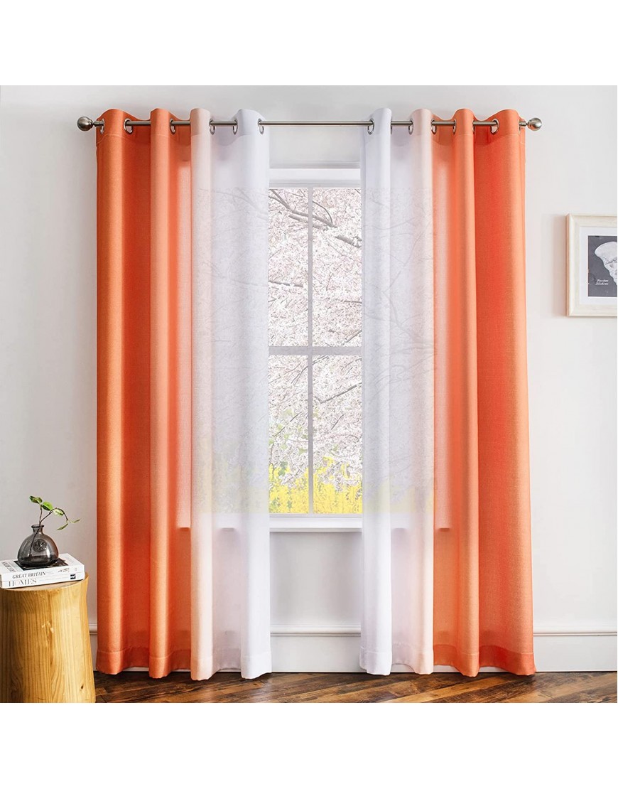 Melodieux Linen Ombre Semi Sheer Curtains 84 Inches Long for Living Room Orange White Horizontal Gradient Grommet Voile Drapes 52 x 84 Inch 2 Panels