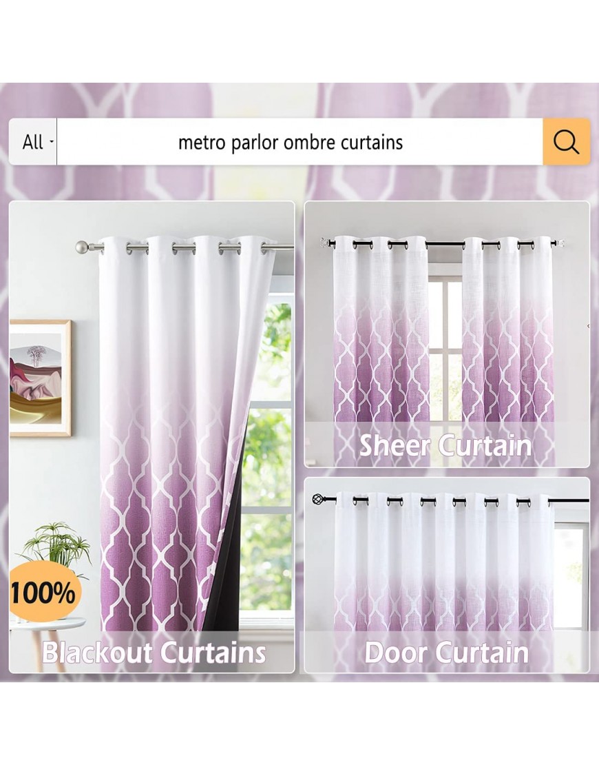 Metro Parlor Purple Ombre 100% Blackout Curtains 84 Inches Long for Bedroom Living Room Moroccan Printed on White Window Treatments Grommet Top Thermal Insulated Drapes 52 W 2 Panel Sets