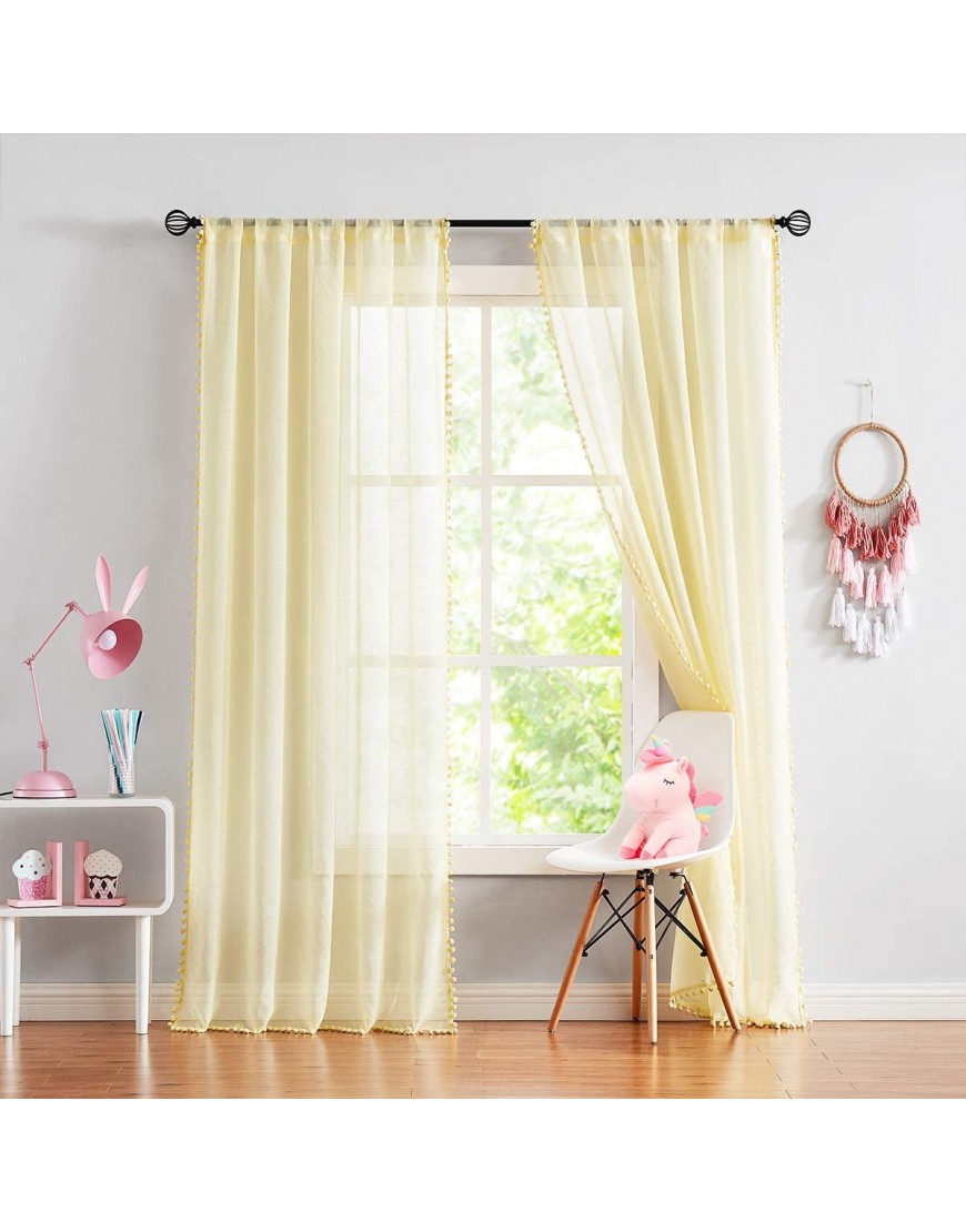 Pom-pom Sheer Curtains for Living Room 84 inch Long Yellow Curtain Drapes for Kids Room 2 Panels Rod Pocket