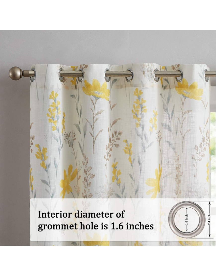 Printed Sheer Curtains Linen Textured for Living Room Floral Leaf Design Farmhouse Style Window Panel Drapes Set Grommet Treatment for Bedroom Dining 52 x 84 inch Yellow
