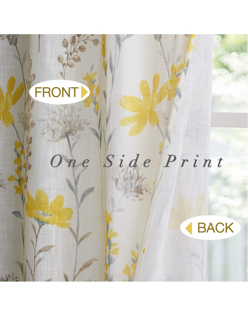 Printed Sheer Curtains Linen Textured for Living Room Floral Leaf Design Farmhouse Style Window Panel Drapes Set Grommet Treatment for Bedroom Dining 52 x 84 inch Yellow