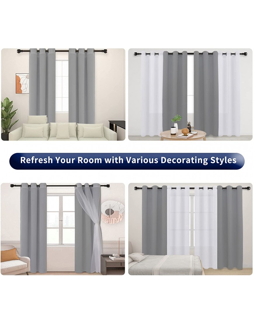 PureFit Set of 4 Curtain Panels Mix and Match Sheer White Curtains & Blackout Curtains for Living Room Thermal Insulated Room Darkening Grommet Window Drapes 42 x 63 inch Panel Light Gray